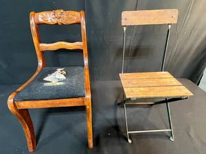 lot 138 image: Set of 2 Vintage Wooden Childrens Chairs - Carved Floral and Slat Back Designs