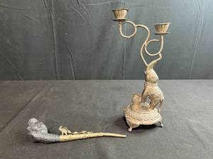 lot 201 image: Decorative Elephant Motif Silver Plated Candle Holder and Ornate Pipe Set