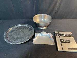 lot 213 image: Silversmithing and Art Metal Book with Sheridan Silverplate Bowl, Tray, and Ornate Crumb Set