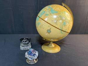 lot 214 image: Collection with Vintage Globe, Signed Glass Sculpture, and Ship Bookend