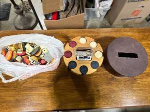 lot 217 image: Vintage Poker Chip Set with Wooden Caddy and Assorted Dominoes