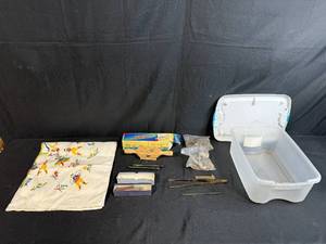 lot 113 image: Mixed Lot of Wood Threading Kit, Taps, Hardware, Cloth, and Storage Bin