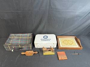 lot 119 image: Vintage Mixed Lot Tartan Case, Bahamas Airways Bag, Wood Tray, Tools and Collectibles