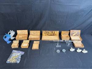 lot 120 image: Collection of Vintage Wooden Advertising Boxes, Glass Hand Figurines, and Decorative Miniatures