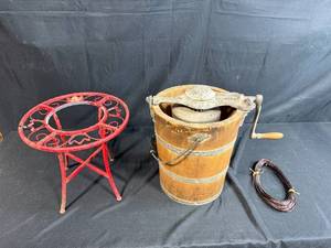lot 144 image: Antique Arctic 9 Ice Cream Maker, Cast Iron Plant Stand, and Wire Bundle