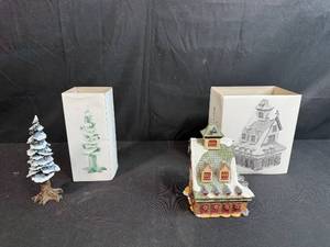 lot 229 image: Department 56 Village Pole Pine Tree and Snow Village Building with Boxes