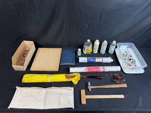 lot 231 image: Mixed Art and Craft Supply Lot with Paints, Tools, and Wood Pieces