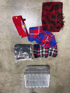 lot 232 image: Collection of Plaid and Patterned Throw Blankets with Storage Tote