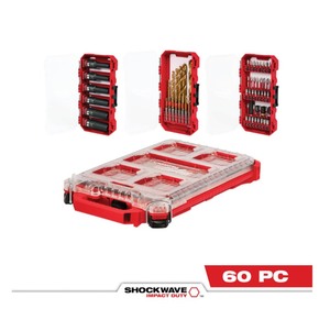 MILWAUKEE® SHOCKWAVE™ Impact Duty 60PC Drill, Drive Fasten PACKOUT™ Set 48-32-5162 AND 13 PC flat boring set $310 Retail Value