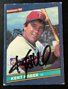 lot 162 image: 1986 Donruss Kent Hrbek In-Person Auto Card No. 70 Baseball Card