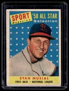 lot 30 image: Stan Musial 1958 Topps All-Star #476 Vintage Baseball Card