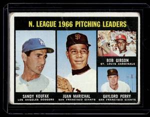 lot 80 image: Sandy Koufax  Juan Marichal  Bob Gibson  Gaylord Perry 1967 Topps NL Pitching Leaders #236 Vintage Baseball Card