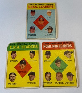 lot 148 image: 1963 Topps 3 Card Leaders Lot - Koufax, Drysdale, Gibson, Killebrew, Maris, Ford and More (Low Grade) Vintage Baseball Cards
