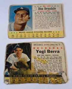 lot 149 image: Yogi Berra and Don Drysdale 1961 and 1963 Post (Low Grade) Vintage Baseball 2 Card Lot