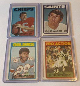 lot 157 image: (4) 1972 Topp Football Star Card Lot - Manning RC, Bradshaw, Dawson, Houston