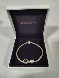 lot 5 image: Authentic Pandora Sterling Silver 8 Bracelet wTwo Heart Charms