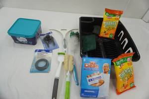 lot 20 image: Dish Drainer, Mr. Clean Magic Erasers, Orange Wipes, Dish Soap Pods, Brushes, and more