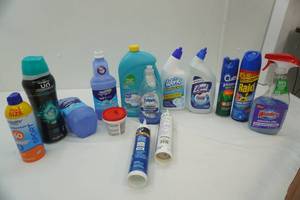 lot 27 image: Swiffer Wet Jet Refills (2ct), silicone, Sunscreen, Raid, Dishwasher Soap, Toilet Bowl Cleaner, Glass Cleaner, Downy Unstoppables