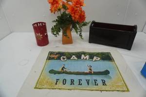 lot 37 image: Decor Lot Artificial Flowers, Wooden Planter, Vases And More