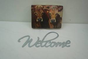 lot 38 image: Galvanized Welcome Sign 12x 5.5 & Cow Buddies  Two Cows Print on Block by Diane Whitehead