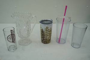 lot 58 image: Glassware & Coffee Mug Lot Atlantis Crystal Delray Carafe Pitcher