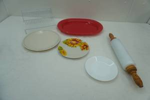 lot 64 image: Serving Trays, Glass & Wood Rolling Pin, Spice Shelf and more