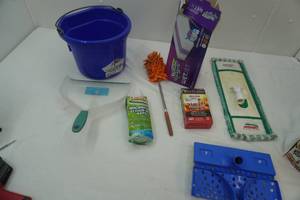 lot 67 image: Mop Bucket, Swiffer Multi-Surface Refill Pads, Mop Heads, Dust Pan