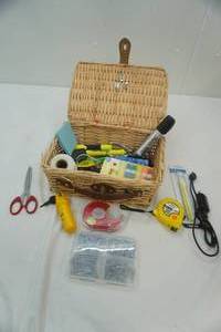 lot 110 image: Wicker Lunch Box with Hand Tools & Hardware