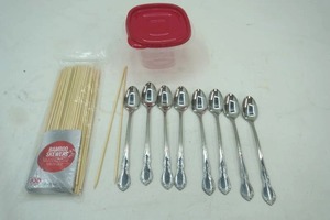 lot 131 image: Stainless Steel Long Teaspoons (THC Korea), Skewers, Rubbermaid Food Storage Container