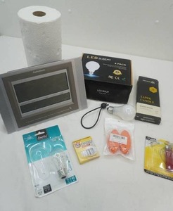 lot 133 image: 3 LED G25 Light-Bulbs, Other Bulbs, Paper Towels, Radio Shack Radio Controlled Clock & Thermometer