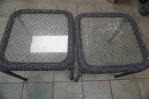 lot 197 image: All Weather Outdoor Resin Wicker Patio Tables wGlass Tops