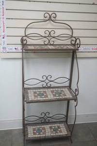 lot 229 image: Three-Tiered Wrought Iron Mosaic Bakers Rack or Plant Stand