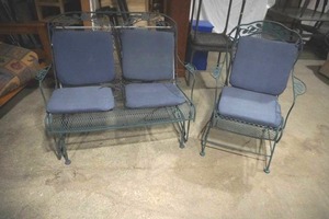 lot 253 image: Metal Patio Loveseat Glider Rocker and Chair (bounces)