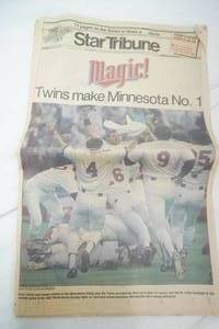lot 278 image: Star Tribune. Monday October 16th, 1987 Issue. Magic Twins Make Minnesota No.1