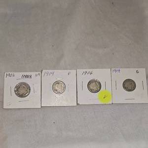 lot 8 image: Lot of 4 Mercury Dimes 10c