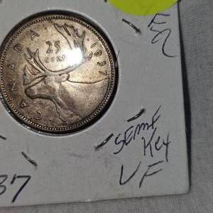 lot 12 image: 1937 Semi Key Date Canadian Quarter 25c, VF wToning