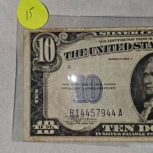 lot 15 image: 1934A $10 Silver Certificate, XFAU