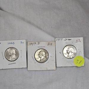 lot 38 image: 3-1946D AU, 1949O AU, 1957AU, Silver Washington 25c