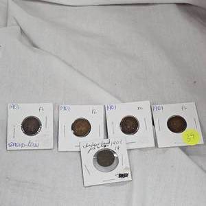 lot 39 image: 5-1901 Indian Head Pennies 1c, 4 are VF Plus