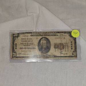 lot 48 image: 1929 Marine Exchange Bank of Milwaukee, WI $20 Note-From The US Service Bank
