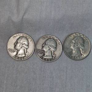lot 50 image: 3-1959 Silver Washingtons 25c