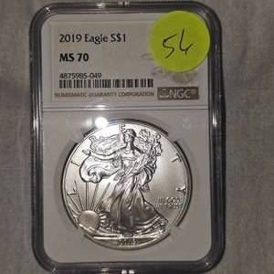 lot 56 image: 2019 Silver Eagle NGC MS70, Incredible Nice Detail