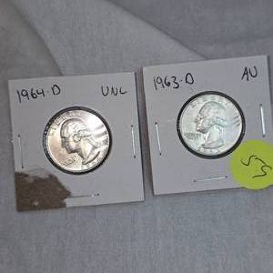 lot 59 image: 1964D UNC, 1963D AU Washingtons 25c