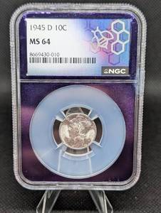lot 102 image: 1945-D Mercury Dime 10C MS64 NGC Graded Coin