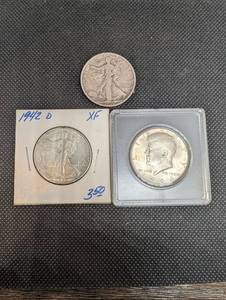 lot 110 image: Walking Liberty Half Dollars - 1942-D XF, 1936, 1964 Kennedy Half Dollar