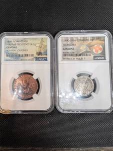 lot 116 image: 1808 India 10 Cash Madras Presidency Admiral Gardner & 1890-1916 Germany 10 Pfennig Wilhelm II