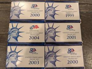 lot 175 image: United States Mint Proof Set - 50 State Quarters (6 Sets 1999, 2000, 2001, 2003, 2004, 2000)