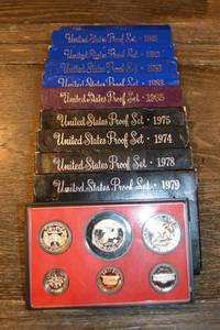 lot 201 image: United States Proof Sets Lot - 1974, 1975, 1978, 1979, 1983, 1985 with Red Display Case