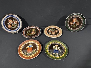 lot 13 image: 6x Hand-Painted Ceramic Plates - Folk Art Floral & Figures Motifs