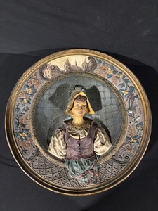 lot 23 image: Decorative Circular Tin Plaque with 3D Woman in Period Dress